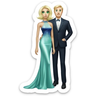 light green skin alien blonde woman in long slim pastel blue formal party satin dress with gradient shiny sparkling navy blue diamonds embroidered , and caucasian man in black dress sticker