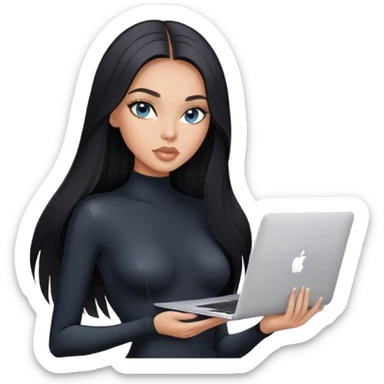 Glamours tanned very beautiful girl with pump peach nude lips and black straight smooth long hair, blue-grey eyes in black bodysuit with MacBook sticker