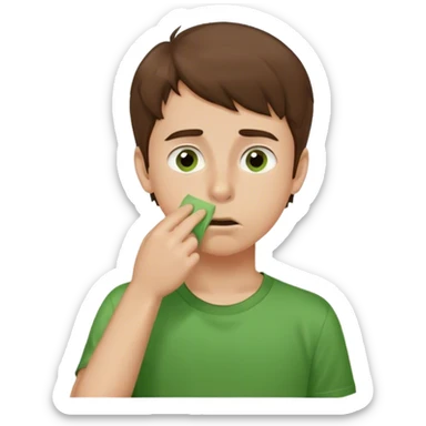 fair skin brown haired boy picking his nose with single figure brown eyes green t shirt sticker