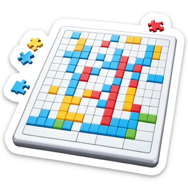 A photorealistic icon with a crossword magazine, a 3D puzzle and a partially completed puzzle on a table. Bright, detailed design with realistic lighting. Transparent background, clearly symbolizing puzzles and brain games. sticker