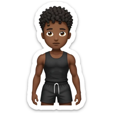 Ripped, athletic man with thick neck, high top fade with no part, curly hair only top only, no shirt and show waistline up, black shorts and more man face sticker