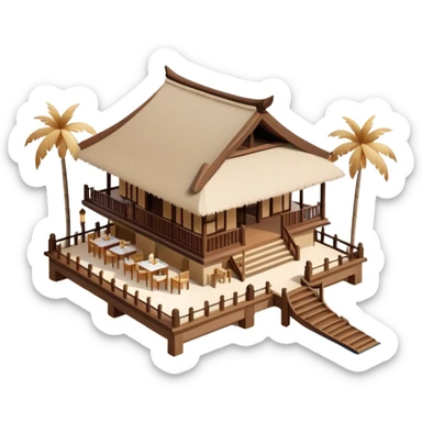Isometric exterior brown and beige luxury Balinese beach resort restaurant, dollhouse style 3D realistic  sticker