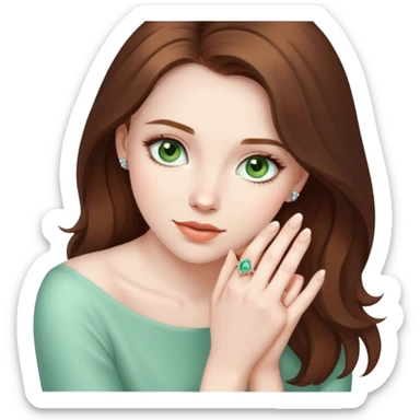 Girl with pale skin and brown hair and light green eyes with engagement ring on the hand sticker