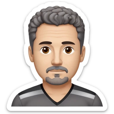 Man in his early 50s with tan complexion. Strong square jawline. Dark brown eyes with focused expression. Thick eyebrows. Black goatee with subtle gray hairs. Short curly dark hair with slight receding hairline. Slight confident smile. Wearing a black V-neck shirt with gray stripes. sticker