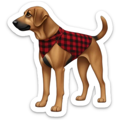 75% Coonhound 25% German Shepherd mix dog wearing small pointed red buffalo plaid bandana pointing down side view full body facing left sticker
