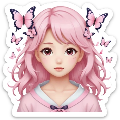 A Gorgeous Beautiful Anime Lady Sakura Cherry Blossom and Pretty Hair, pastelcore aesthetic, pastel pink and white, butterfly, Fairycore sticker