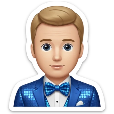 Chris Evans with dark blonde hair, blue sequin suit with bow tie sticker