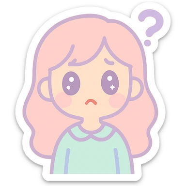kawaii style young woman with big eyes looking upwards with a confused expression, pastel background sticker