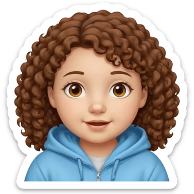 A girl with brown curly hair and chubby cheeks brown eyes and a happy face she has a baby blue hoddie sticker