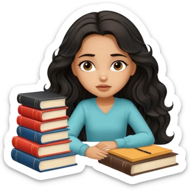 a pretty tan bratz girl with black wavy long hair studying. Pile of books on the table. No glasses. Looks tgired sticker