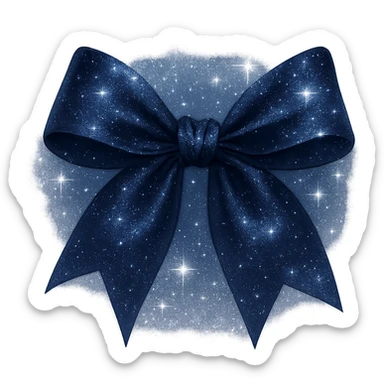 Add extra glitter and sparkling effects to the midnight bow made of deep blue satin, with subtle silver sparkles, a soft glow, and a mysterious, elegant vibe. Keep the background transparent. Maintain the look of a midnight bow with deep blue satin fabric and silver sparkles. sticker