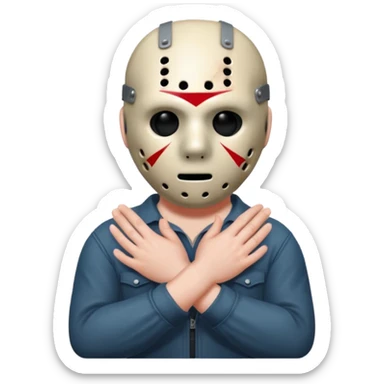 a cartoon image of Jason Voorhees, looking cute, with his hands clasped in front of him, at a sideways angle, looks like he is in love sticker