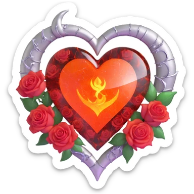 gothic heart made of fire opal glass, silver crescent moon, orange and red roses, holographic stardust, neon red lightning, wet and cracked glass sticker