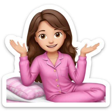 Brunette girl with long wavy brown hair with brown eyes and slapping on a withe bed with cute pink pjs sticker