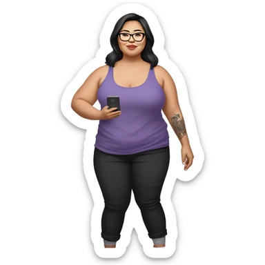 A plus size asian woman with transparent frame prescription glasses wearing long black pants with lavender colored tank top tucked in with several medium size tattoos on her left biceps and holding a kindle on her right hand while standing sticker
