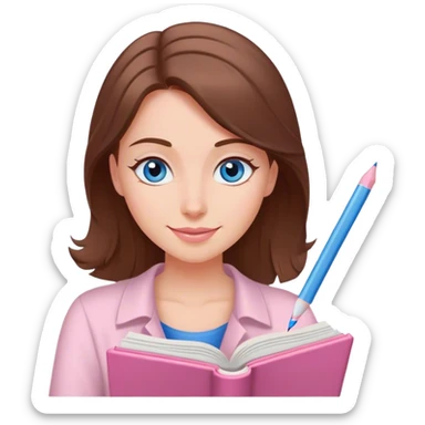 female happy writer, romantic, brown haired, fair skinned and blue eyed writing a light pink romance book sticker