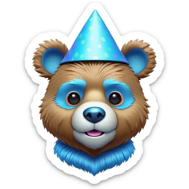 3D, adorable little Pixar style blue neon punk bear wearing a party hat, ultra detailed, each lash, eye, and strand of fur is shown in stunning detail as though captured in a timeless photograph, rich textures, visually rich, so lifelike it feels like it could leap off the page at any moment sticker