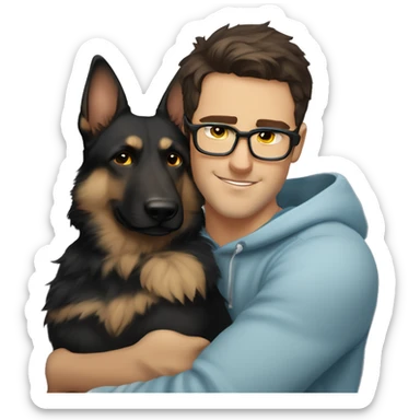 a handsome guy (dark brown hair, light blue colour eyes, thin stylish black glasses with hoodie) hugging a dog (grey colour german shepherd, yellow/brown eyes) sticker
