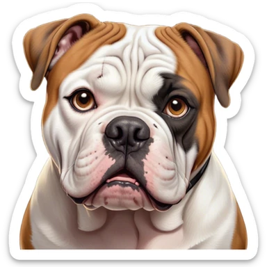 Cinematic Comical Black and White American Bulldog Portrait Emoji, Head tilted dramatically with an exaggeratedly shocked or offended expression, short fur with black and white markings, a slightly wrinkled forehead, wide, expressive brown eyes filled with exaggerated disbelief, Simplified yet hilariously expressive features, highly detailed, glowing with a slightly sassy glow, high shine, dramatic yet playful, stylized with an air of attitude, bright and endearing, soft glowing outline, capturing the essence of a sassy and over-the-top pup, so meme-worthy it feels like it could side-eye its way into internet fame instantly! sticker