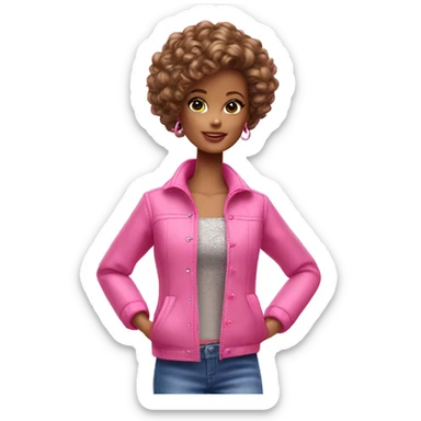 Curly Brown short hair barbie full body pink clouth sticker