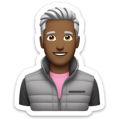 Finance bro with light grey short spike hair grey puffer vest over pink shirt driving a sports car sticker