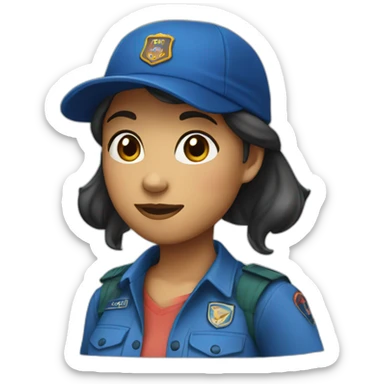 Scout girl with blue shirt and dark blue skirt and a cap sticker