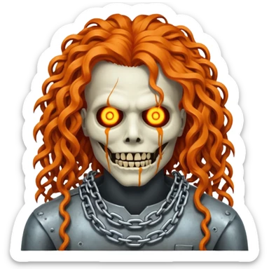 cinematic Megadeth - corpse made of rusty metal with chains on its teeth, huge curly orange hair sticker