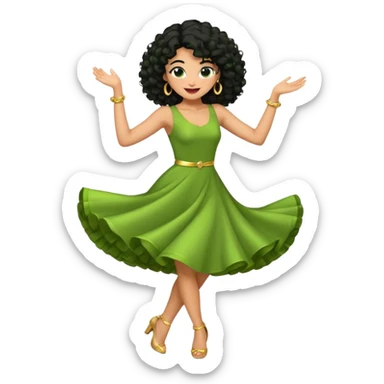 a woman with olive skin tone and curly black hair wearing green and dancing. full body, disco pose sticker
