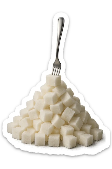 monagna di zollette di zucchero con una forchetta appizzata sopra, iperrealistico 4k sticker