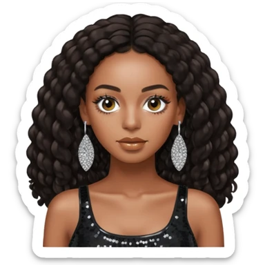 Solange with dark brown long hair, black sequin crop top, silver earring sticker