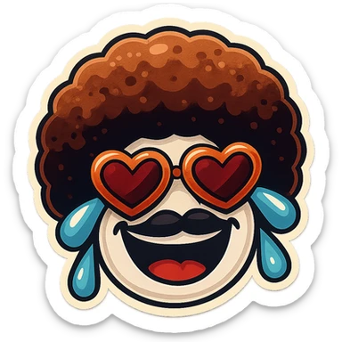 White circle face, afro, heart glasses, laughing with large tears sticker