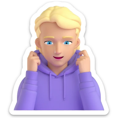 blonde man with blue eyes, lilac hoodie, winking sticker