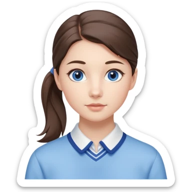 Realistic Student Portrait, with porcelain-like skin featuring a natural rosy flush, illuminated by soft lighting that highlights the gentle contours of her face. Her Brunette pony tail hair flows in soft, Her deep blue eyes radiate warmth and innocence,  wear light blue preppy style. sticker