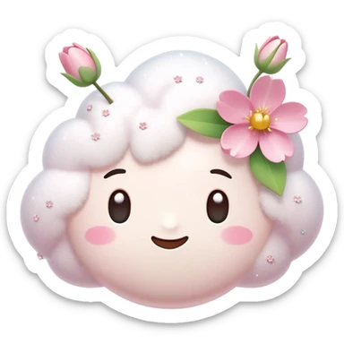 A kawaii-style 3D emoji of a fluffy white thought bubble with a soft texture, decorated with cherry blossom flowers, small tulips, sparkles, and a gentle pastel tone. The emoji has a dreamy and spring-like aesthetic, resembling official Apple or WhatsApp emoji style. Clean white background.

 sticker
