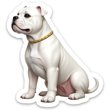 cinematic-[solid white american bulldog]-realistic-full-body-sitting-emoji,-tail-resting-loosely-beside-its-paws,-head-tilted-dramatically,-sleek-[solid white]-fur,-simplified-yet-realistic-focused-features,-highly-detailed,-glowing-with-an-almost-sarcastic-glow sticker
