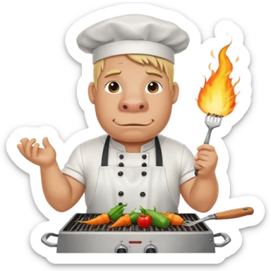 hippo man with tied blond hair and and a white apron grilling vegetables on a sizzling grill sticker