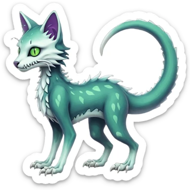 Bloody gory spectral spooky dark bleak blackish swampy white-skeletal gloomy ghostly dark greyish dark-deep-greenish foggy eldritch beautiful realistic edgy fantasy ghoul-like stitched feline-vernid-sergal-fursona animal creature with a tufted tail full body with intricate markings  sticker