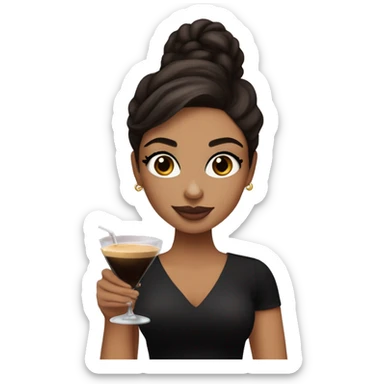 Tan girl with brown eyes and dark brown hair with lashes holding espresso martini. Wearing makeup and black top sticker