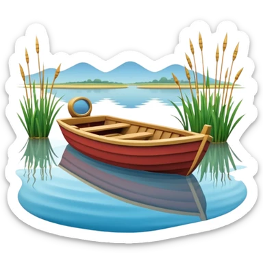 A 3D cartoon small boat floating on estuary water, with nearby reeds and horizon in view, bright lighting, photo frame,Memoji-style. sticker