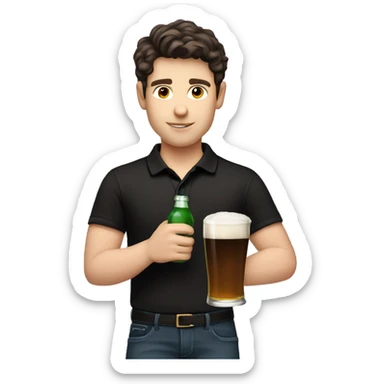 Short hair slightly curly dark brown hair boy with pale skin and brown eyes wearing black polo holding a pint alcohol in hand   sticker