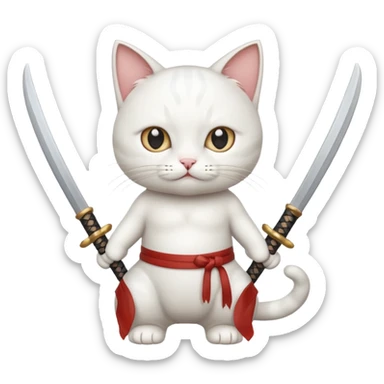 un gato blanco con reeferencia a roroa zoro "una espada en cada mano y una en la boca sticker