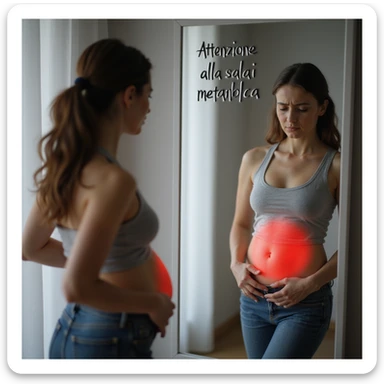 realistic adult woman with PCOS, modern clothing, looking at mirror and touching her abdomen with worried expression, red halo highlighting abdominal area, text on mirror in Italian: 'Attenzione alla salute metabolica', 4K quality sticker