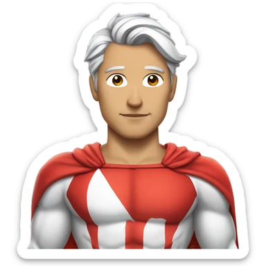 a male canadian superhero wearing red and white clothes that has a mapple leaf on chest and dark grey hair in a ponytail sticker