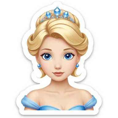  "Cinematic Adorable Elegant Cinderella Portrait Emoji, Head tilted gracefully with sparkling blue eyes, delicate fair skin, and elegantly styled golden-blonde hair in a soft updo, wearing her signature shimmering blue ball gown (chest and above). Simplified yet regal features, highly detailed, glowing with a soft, enchanting radiance, high shine, serene and graceful, stylized with a touch of fairy-tale elegance, bright and endearing, soft glowing outline, capturing the essence of a timeless princess, so magical it feels like she could waltz into a dream!" sticker