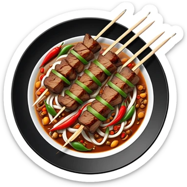 Xinjiang roasted lamb skewers with cumin and chili, simplified emoji style with bold outlines and bright colors, cartoon style Uyghur style Kawap sticker