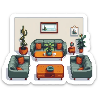 escenary 3d of a cozy mid-century living room with two people working on laptops, one man standing at a desk, and one woman sitting on a couch sticker