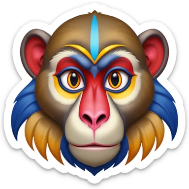 Cinematic Noble Mandrill Portrait Emoji, Poised and regal, with a striking, powerful build and a vivid, multicolored face accented by bold blue, red, and yellow hues, deep-set soulful eyes, Simplified yet sharp and sophisticated features, highly detailed, glowing with a vibrant, dignified glow, high shine, intelligent and commanding, stylized with an air of exotic majesty, focused and attentive, soft glowing outline, capturing the essence of a watchful and confident primate, so majestic it feels as though it could step out of the screen with effortless authority! sticker