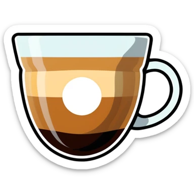 Small 4.5 ounce Gibraltar glass with cortado espresso drink, smooth gradient from light brown on top to darker at bottom, no white froth, just smooth milk and espresso integration sticker