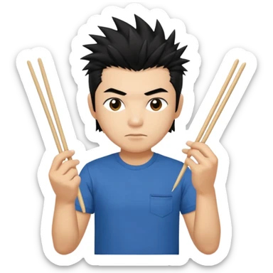 Make it a vietnamese male with spiky black hair holding only ONE pair of chopsticks, t-shirt sticker
