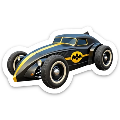 the animated series aerodynamic futuristic Venom Batmobile loosely based on 1936 school bus (flat long straight faceted mechanical body) stealthy town hot rod desert dirt racing rwd buggy  sticker
